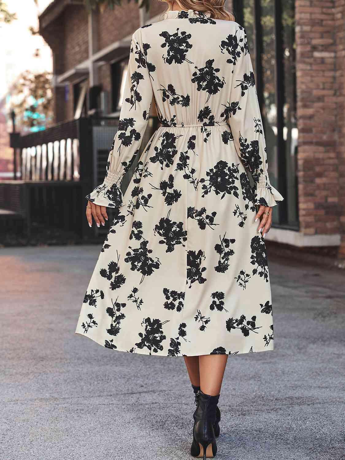 Floral Tie Neck Flounce Sleeve Midi Dress - Dresses