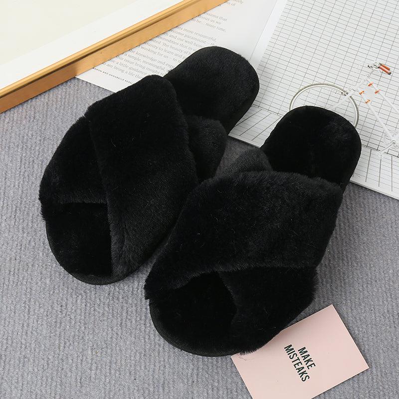 Faux Fur Crisscross Strap Slippers - Slippers