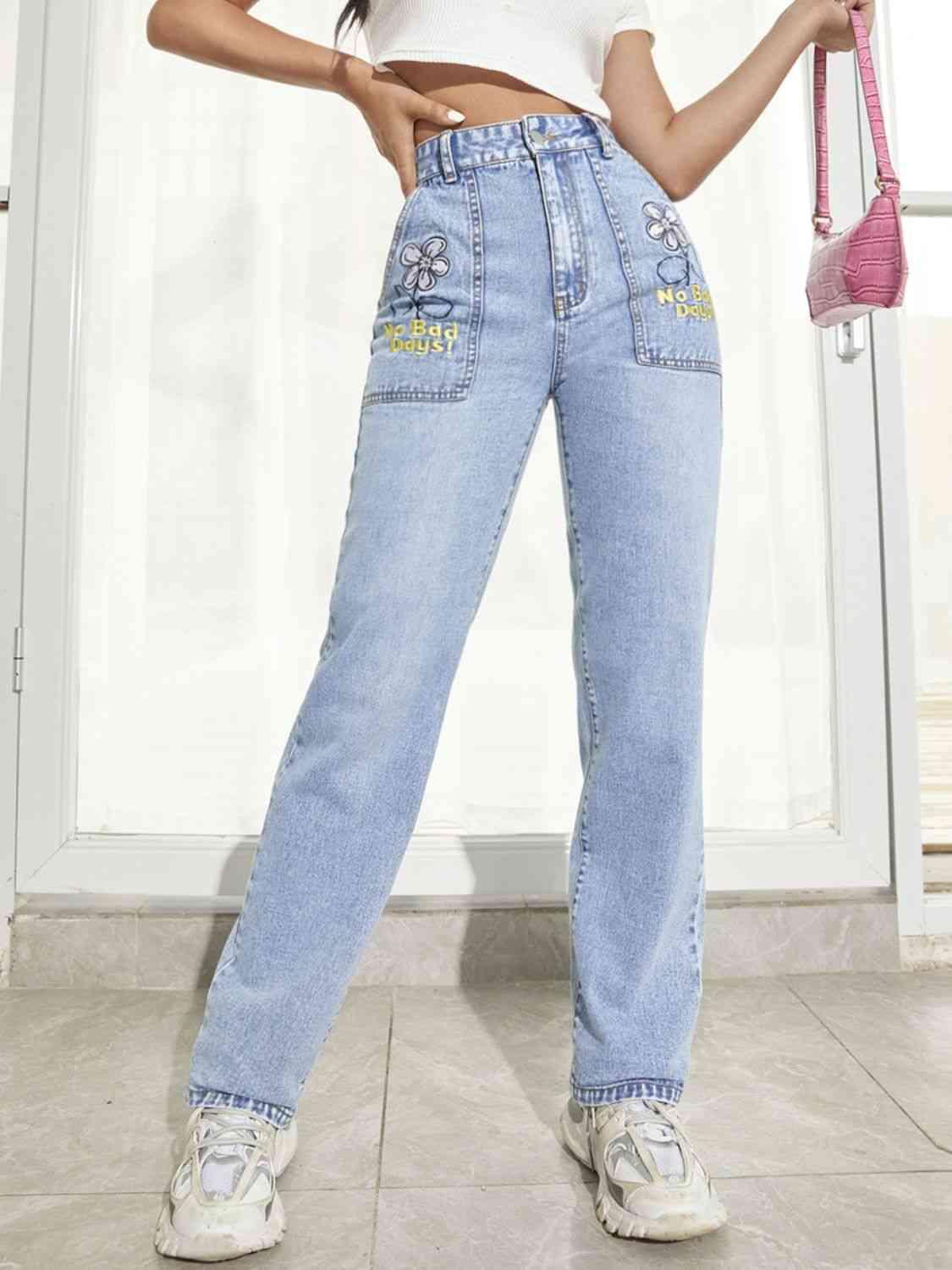 Flower Graphic Straight Leg High Rise Jeans - Jeans