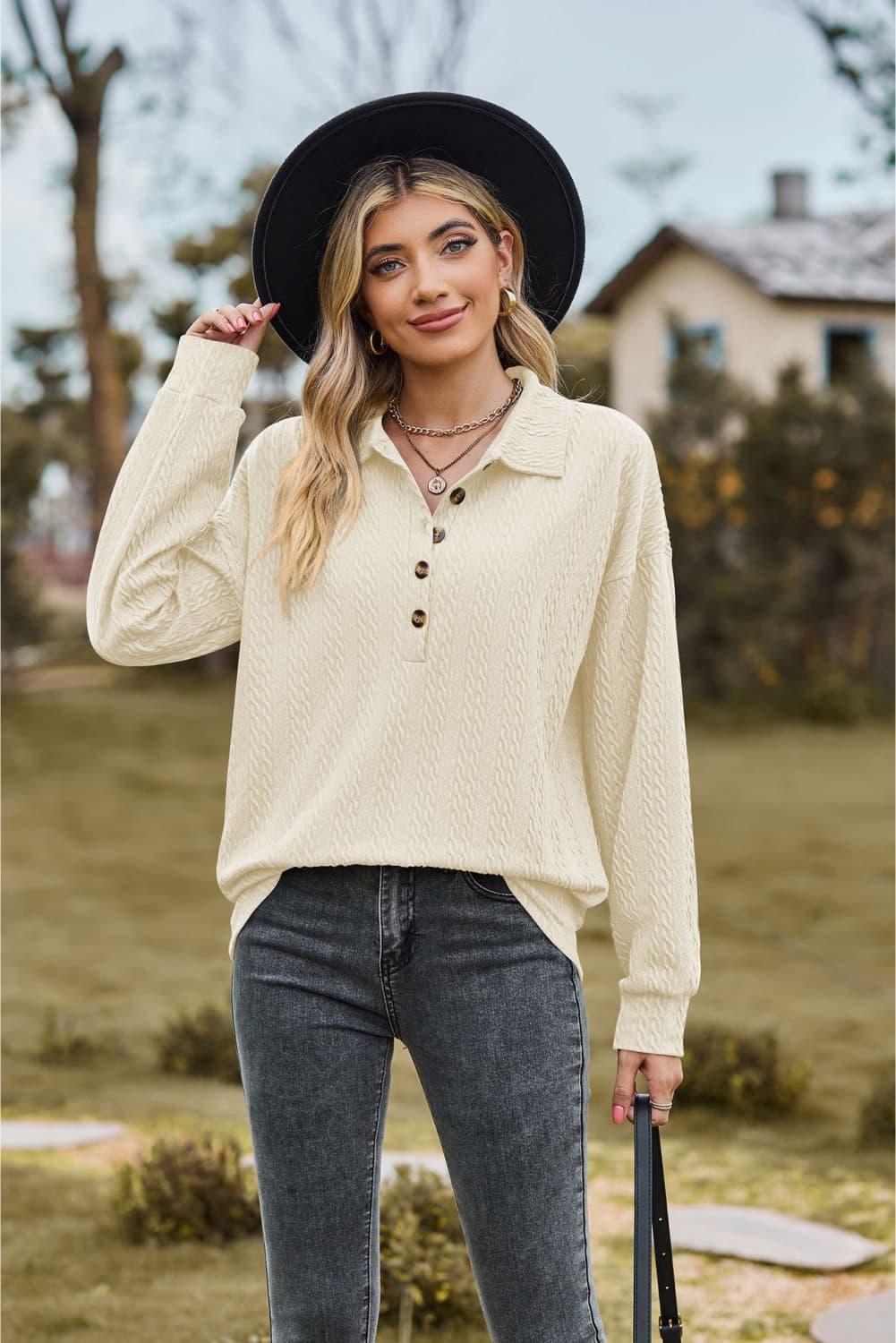 Collared Neck Long Sleeve Buttoned Top - Top