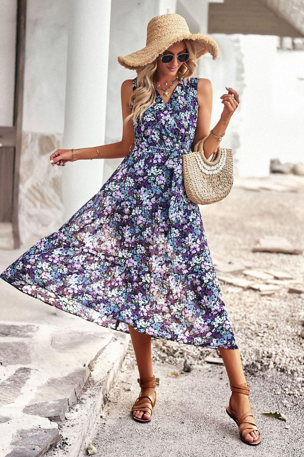 Floral Belted Surplice V-Neck Sleeveless Tiered Midi Dress - Dresses