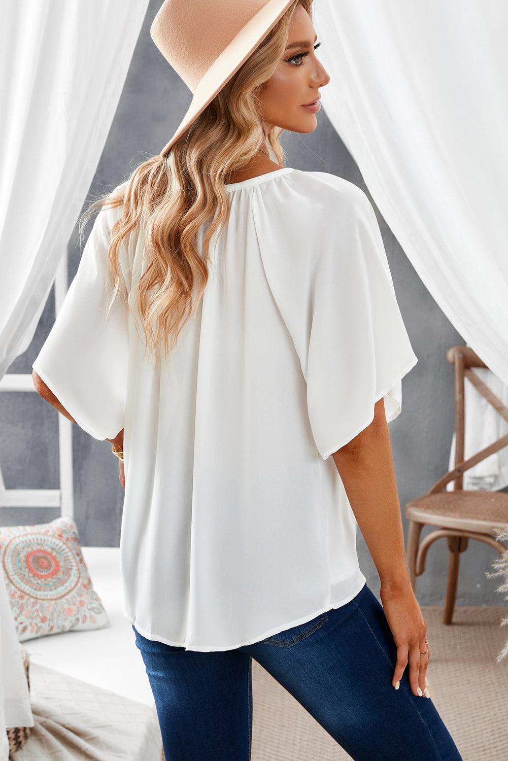 Gathered Detail Notched Neck Flutter Sleeve Blouse - Blouse