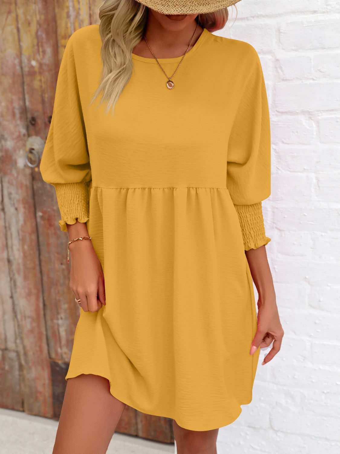 Round Neck Long Lantern Sleeve Mini Dress