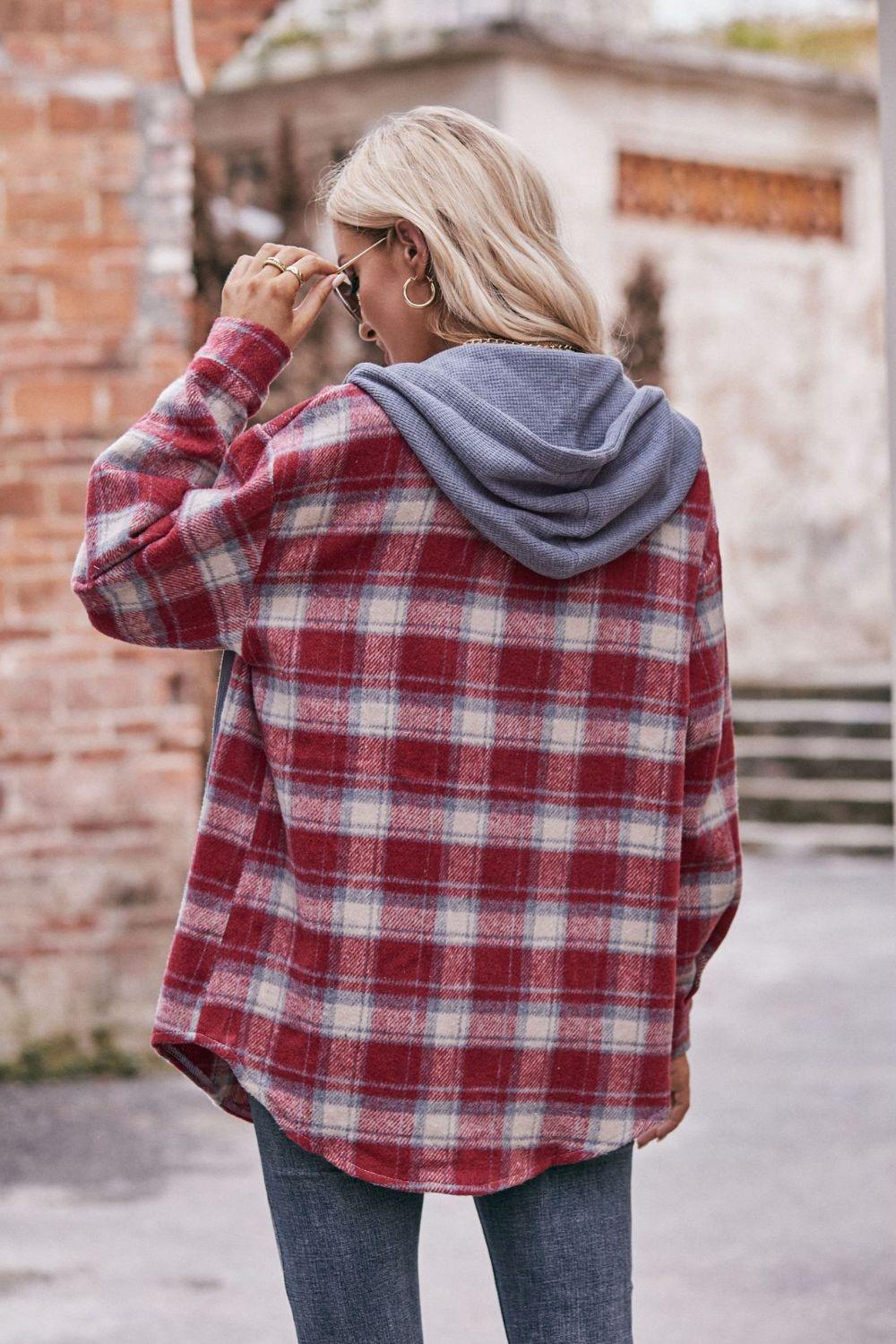 Plaid Dropped Shoulder Hooded Longline Shirt Jacket - Jacket