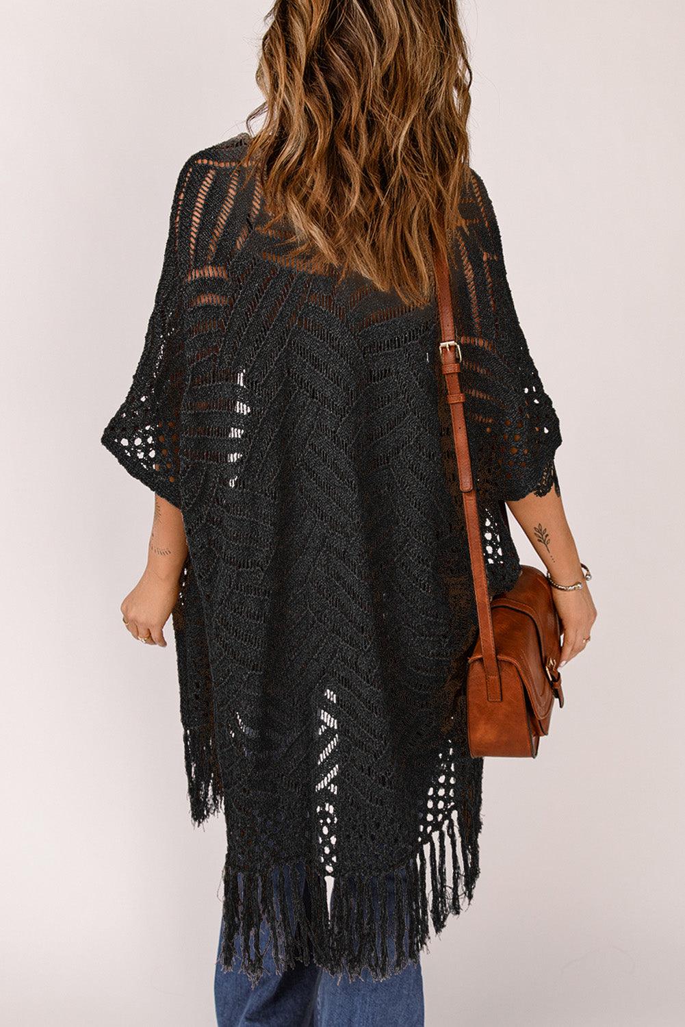 Open Work Fringe Hem Slit Open Front Cardigan - Cardigan