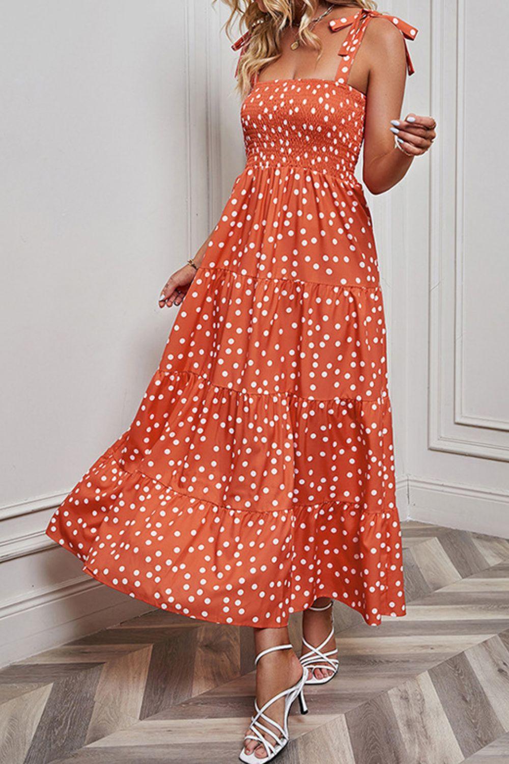 Polka Dot Smocked Tiered Sleeveless Maxi Dress - Dresses