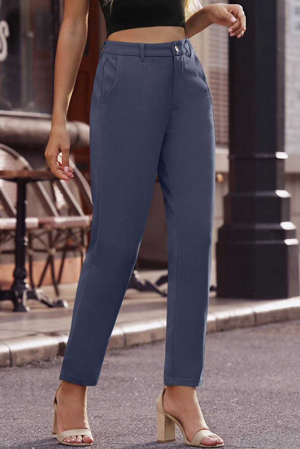 Cropped Straight Leg High Waist Pants with Pockets - Pant