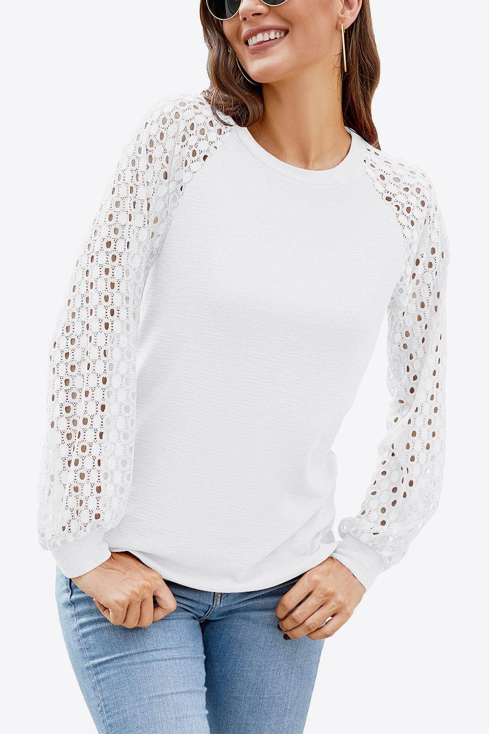 Eyelet Long Raglan Sleeve Round Neck Tee - Top