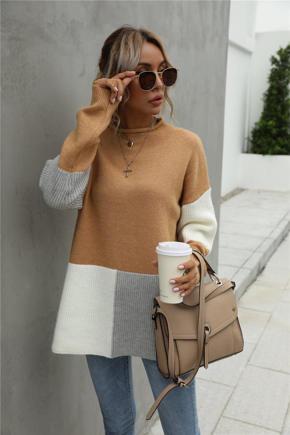 Color Block Round Neck Dropped Shoulder Sweater - Sweater