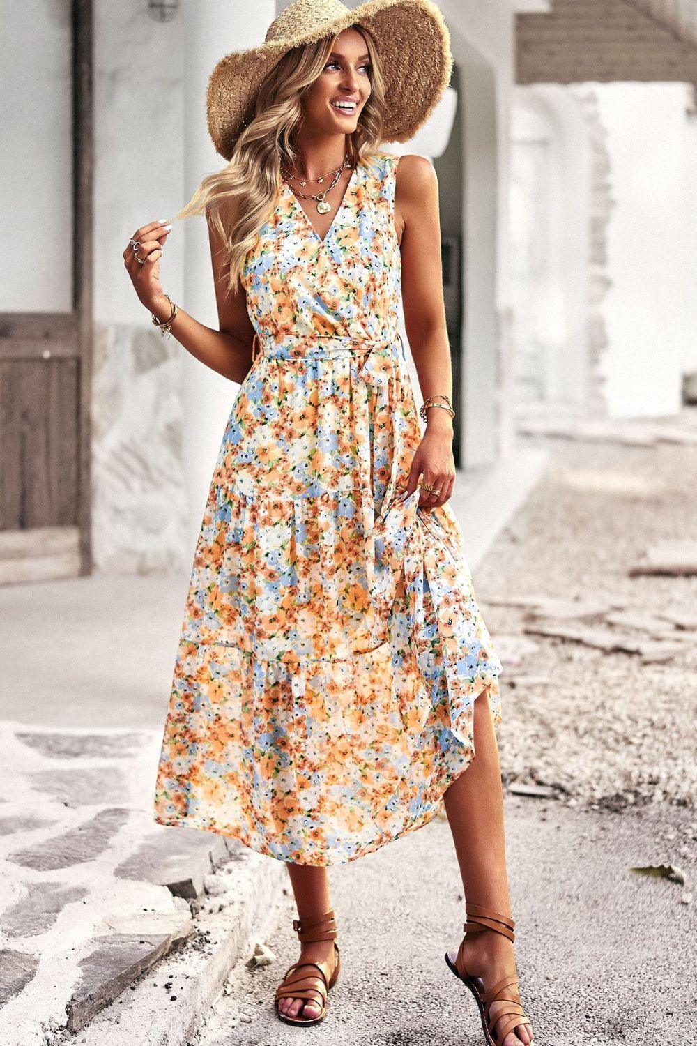 Floral Belted Surplice V-Neck Sleeveless Tiered Midi Dress - Dresses