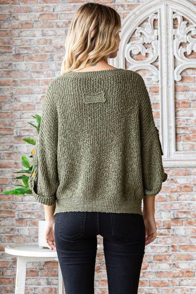 Veveret Round Neck Roll-Up Sweater - Sweater