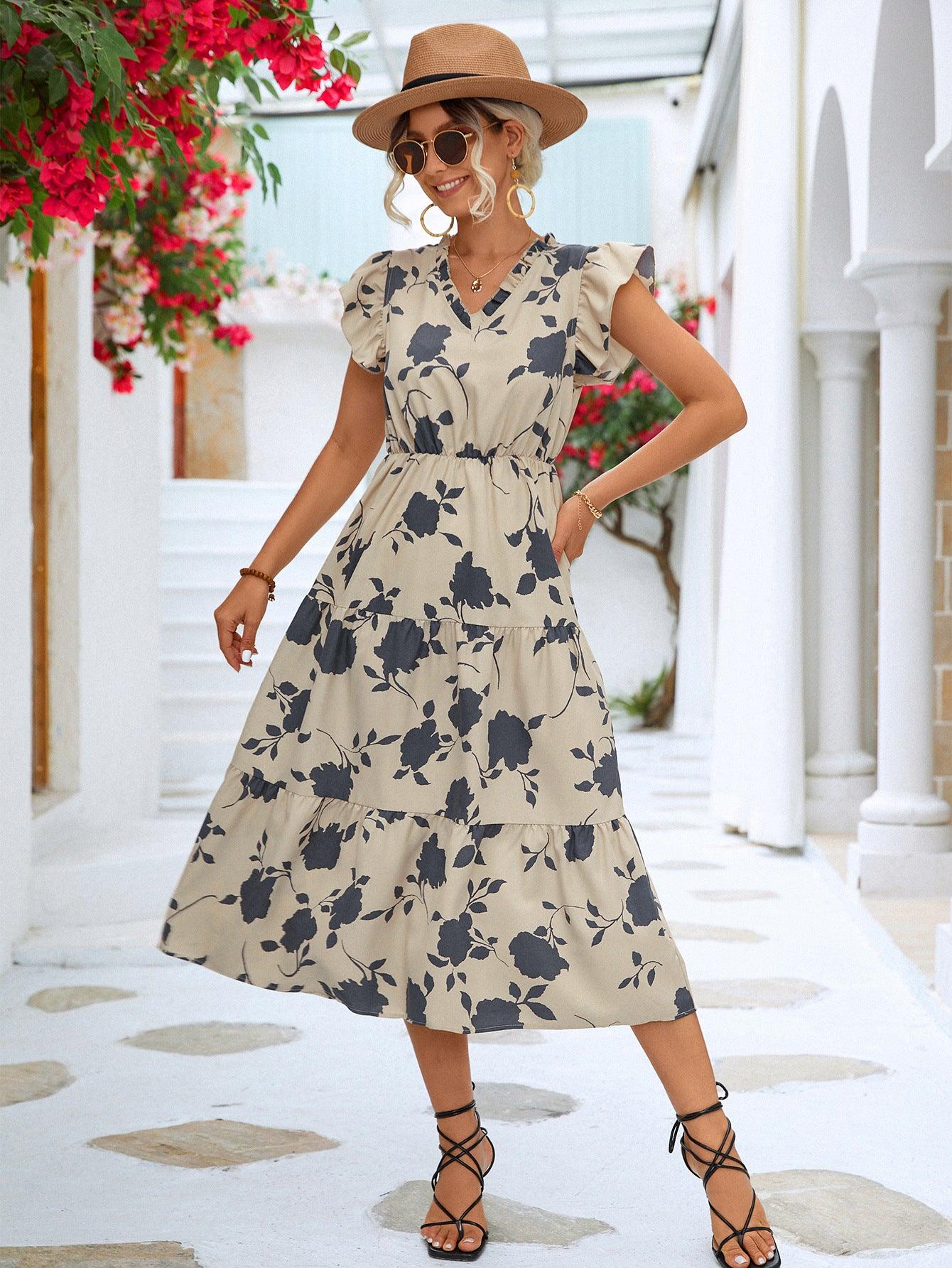 Floral Frill Trim V-Neck Flounce Sleeve Tiered Midi Dress - Dresses