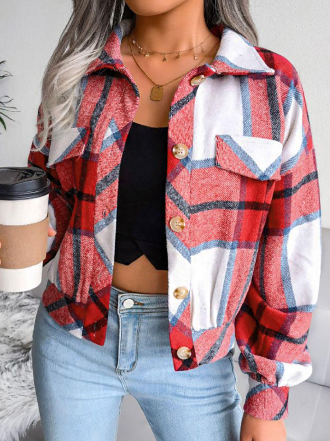 Plaid Collared Neck Cropped Shirt Jacket - Jacket