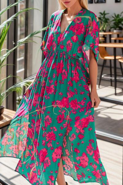 Slit Floral V-Neck Short Sleeve Midi Dress - Dresses