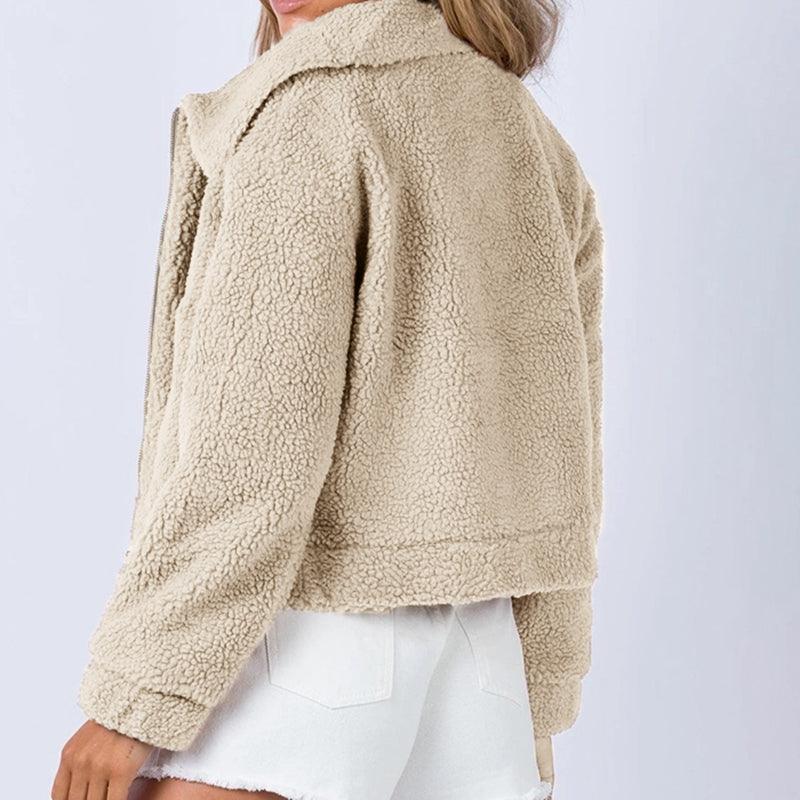 Collared Neck Zip-Up Cropped Sherpa Jacket - Jacket