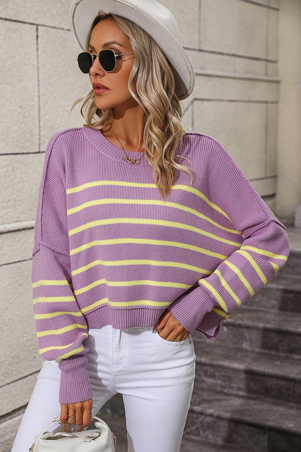 Striped Dropped Shoulder Round Neck Sweater - Sweater