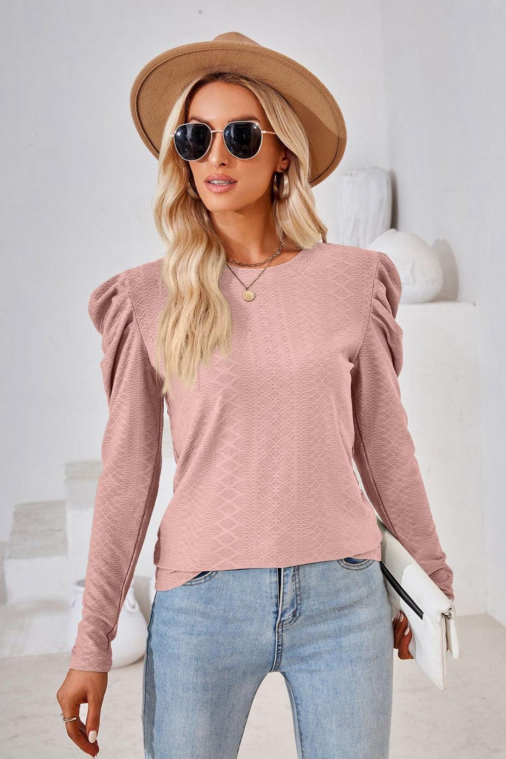 Round Neck Long Puff Sleeves Top - Top