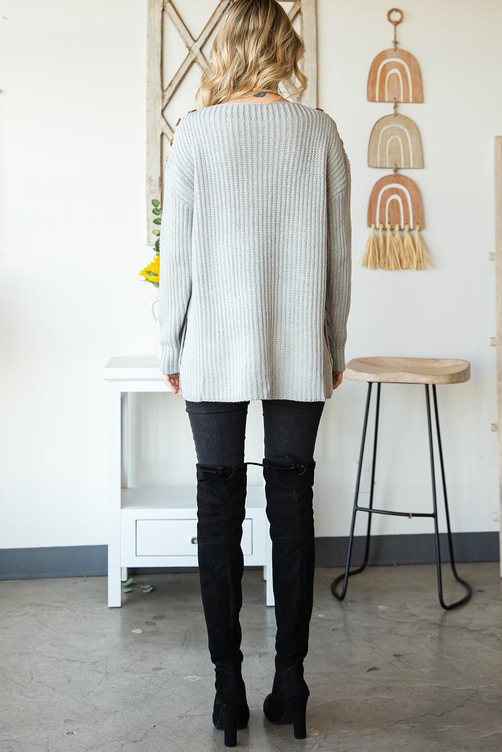 Ribbed Buttoned Boat Neck Slit Sweater - Sweater