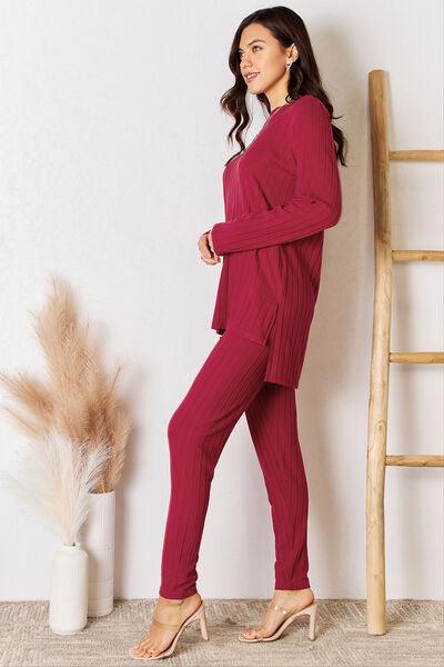 Basic Bae Ribbed High-Low Top and Pants Set - Pant & Top