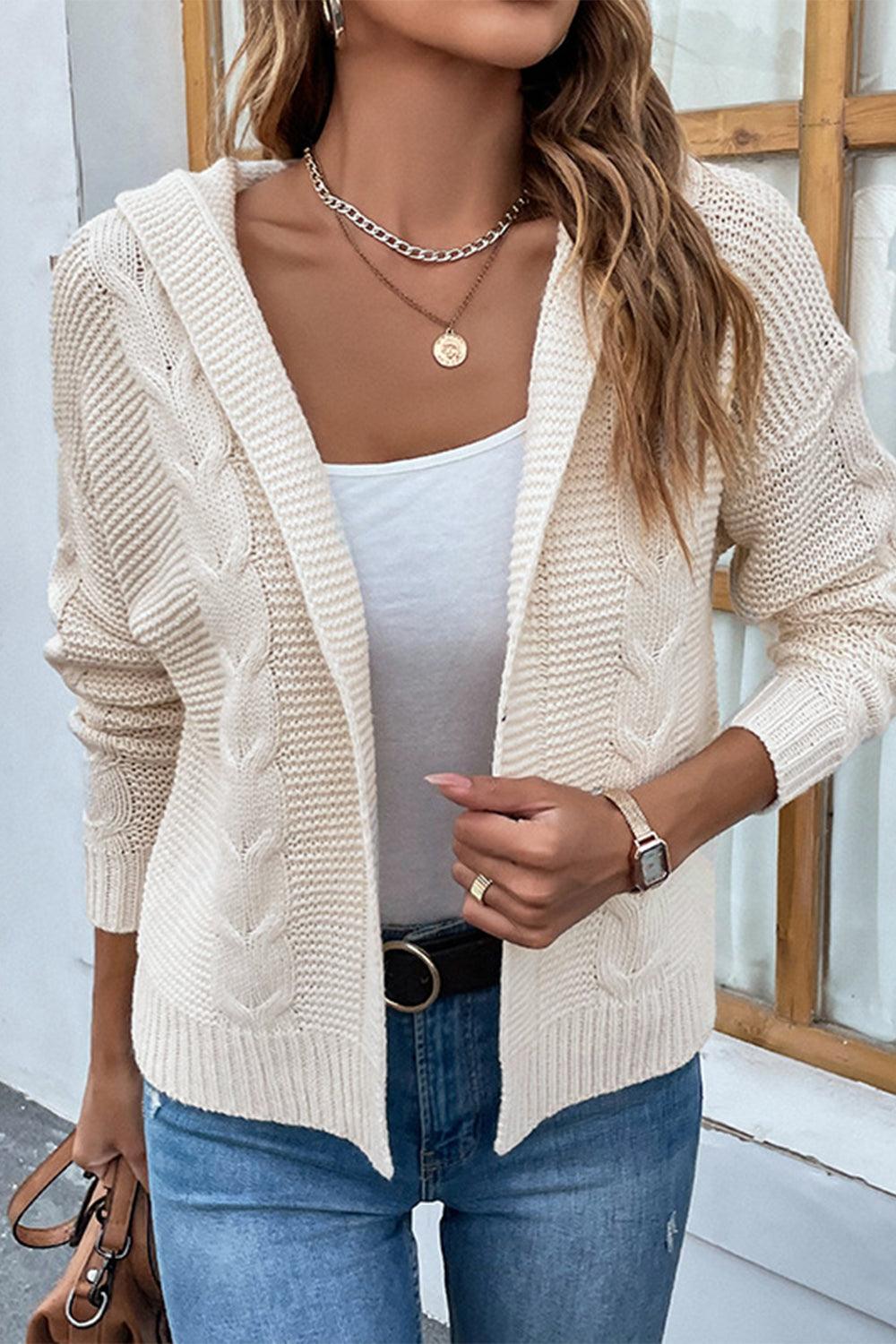 Cable-Knit Dropped Shoulder Hooded Cardigan - Cardigan