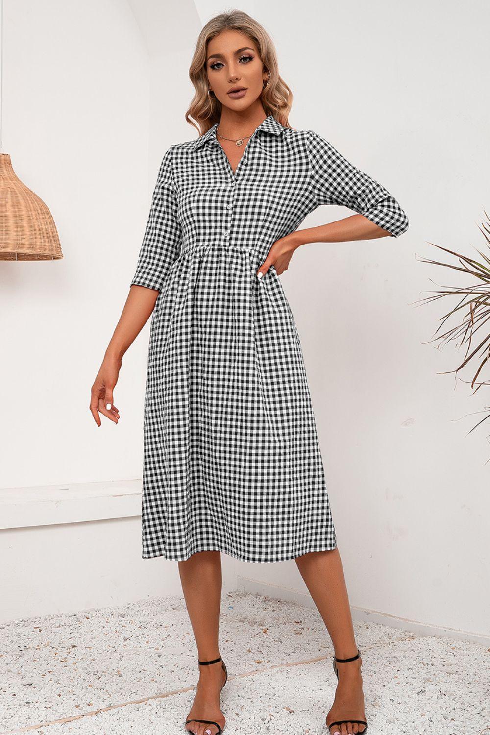 Plaid Collared Neck Midi Dress - Dresses