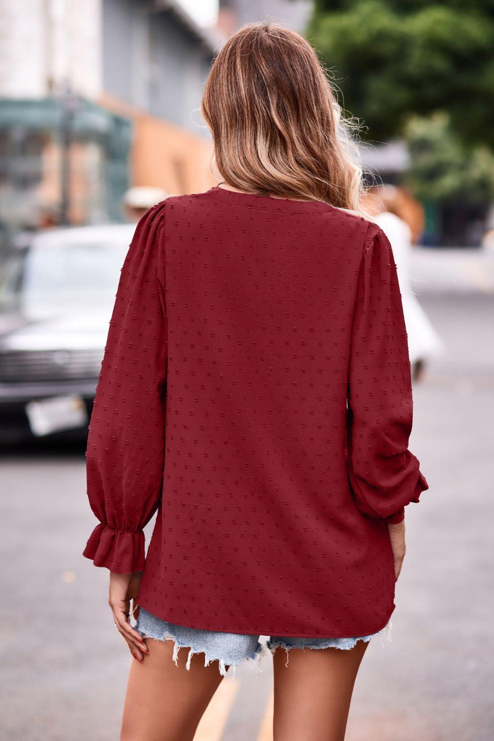 Swiss Dot Notched Neck Long Flounce Sleeve Blouse - Blouse