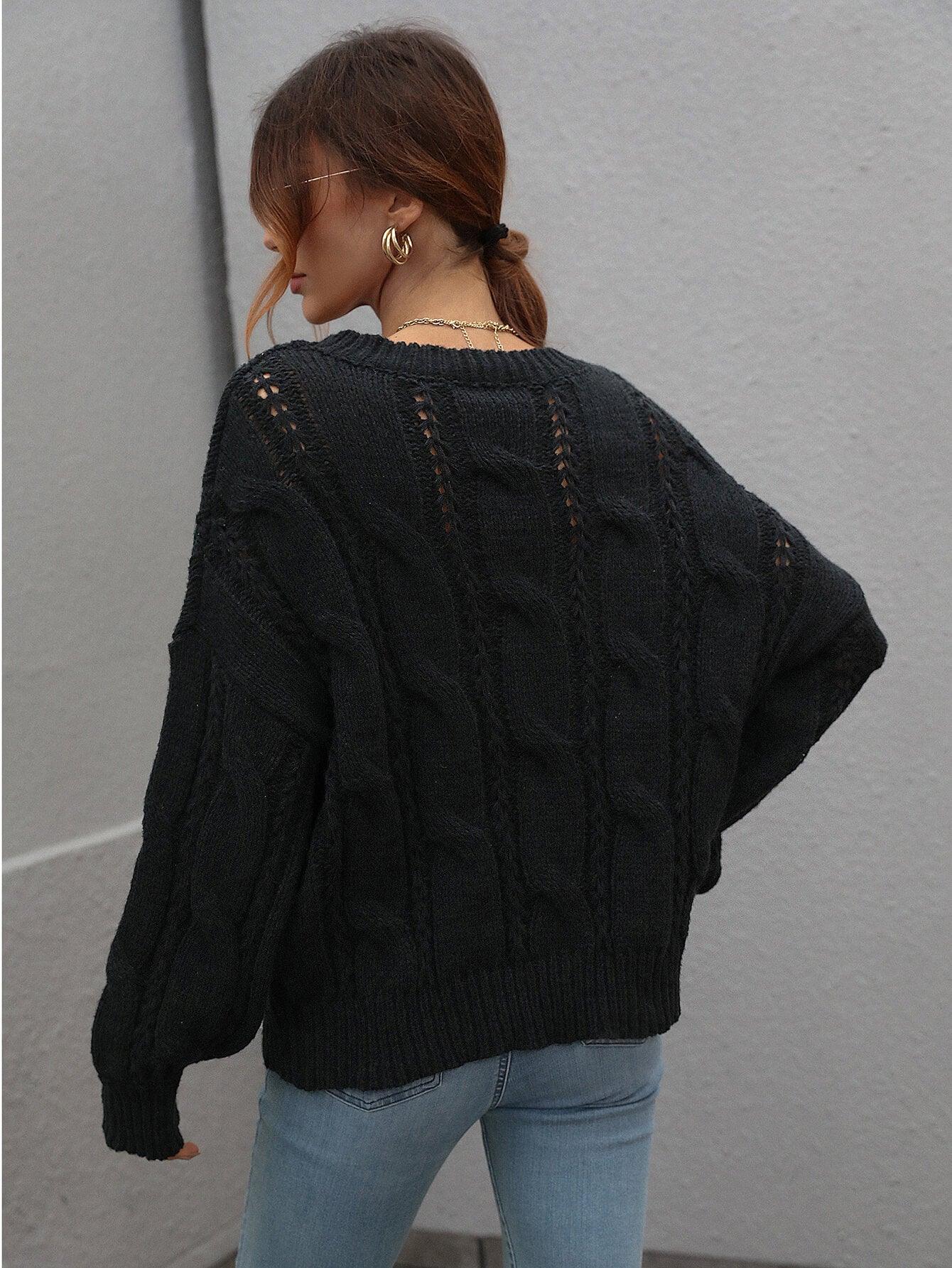 Woven Right Cable-Knit Openwork Round Neck Sweater - Sweater