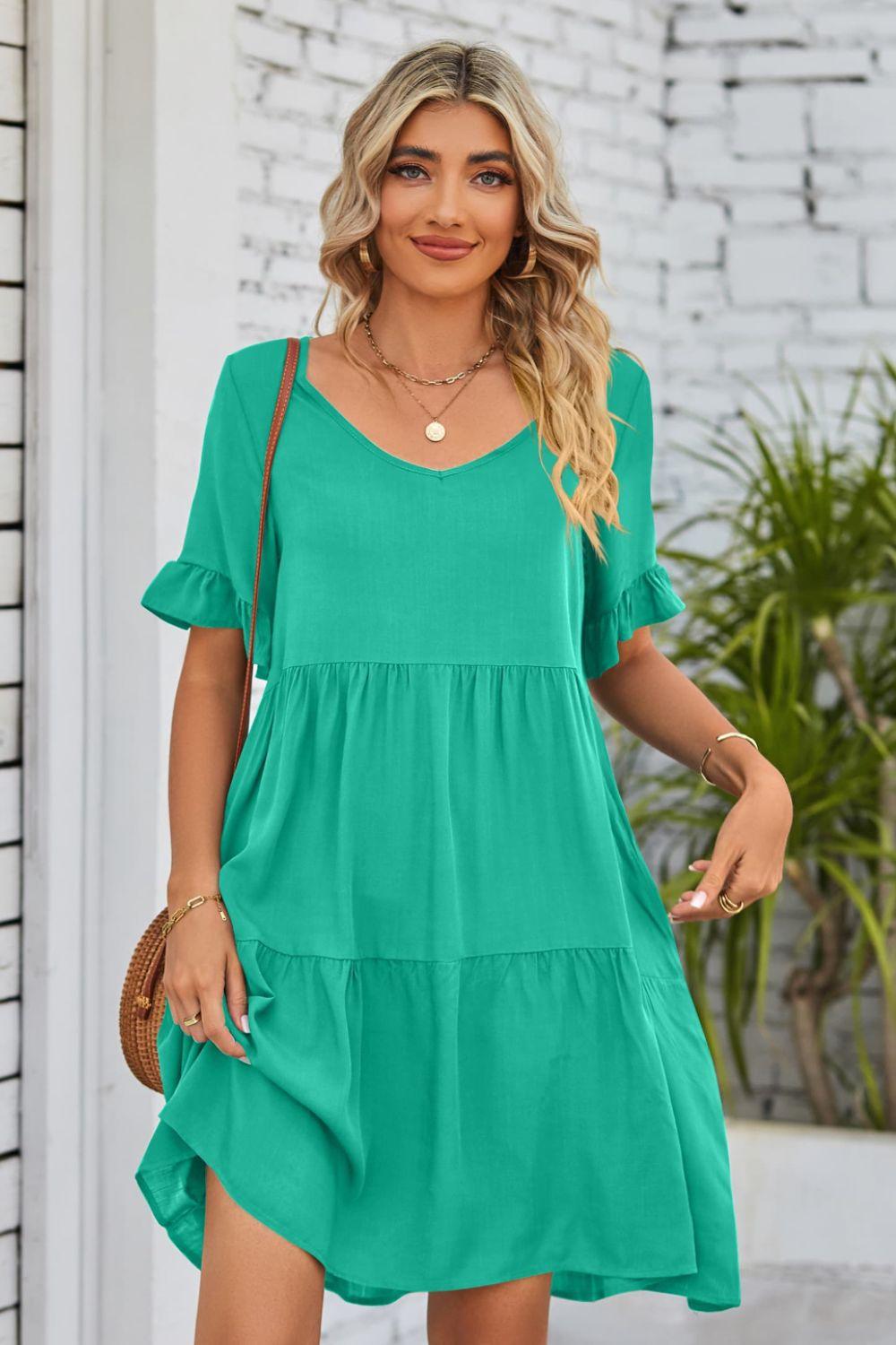 V-Neck Flounce Sleeve Knee Length Ruffle Tiered Dress - Dresses