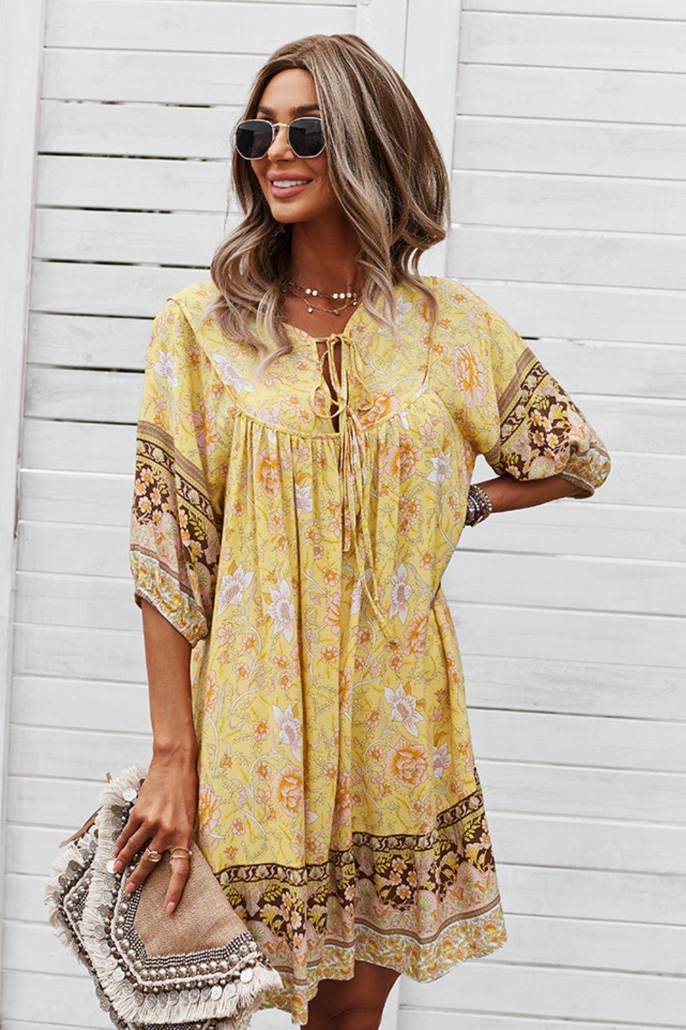 Bohemian Floral Tie Neck 3/4 Sleeve Short Tiered Dress - Dresses