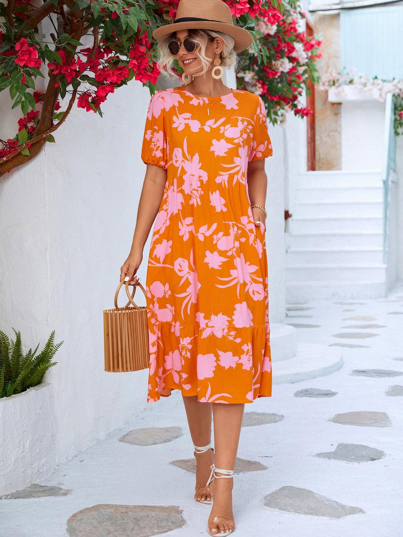 Floral Puff Sleeve Ruffle Hem Round Neck Midi Dress - Dresses