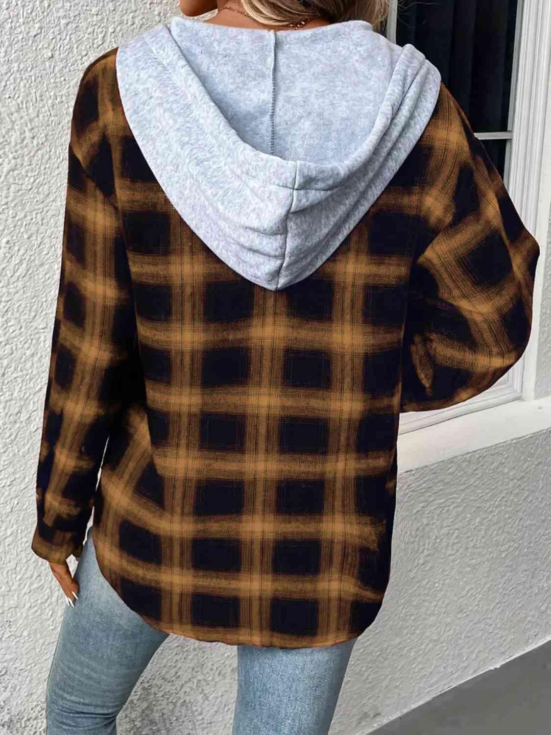 Plaid Drawstring Button Up Hooded Shacket - Jacket