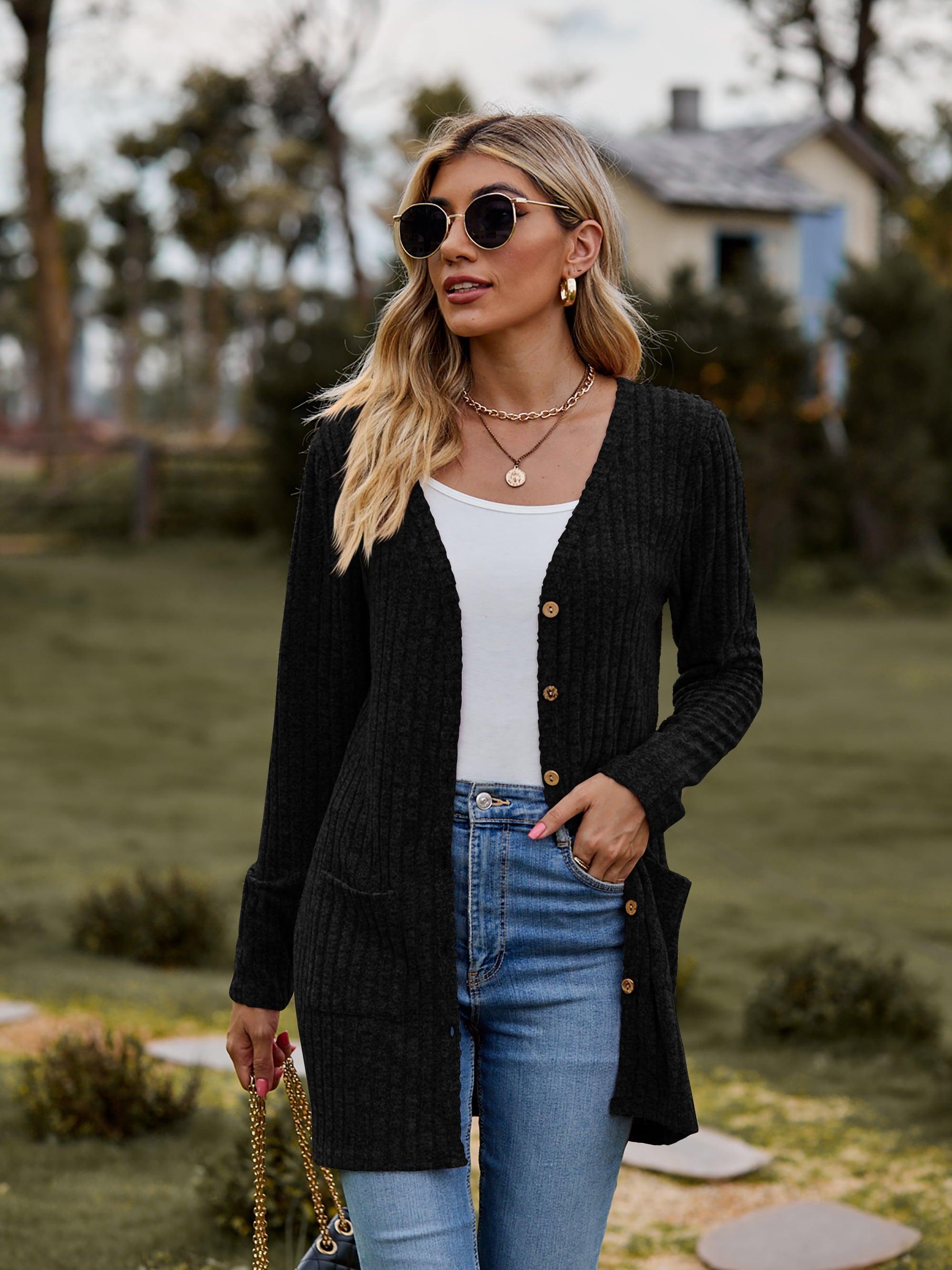 Ribbed Button-UP Cardigan with Pockets - Cardigan