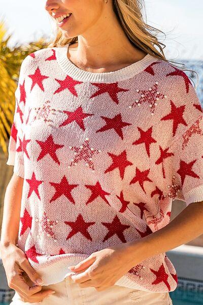 BiBi Star Pattern Short Sleeve Knit Top - Top