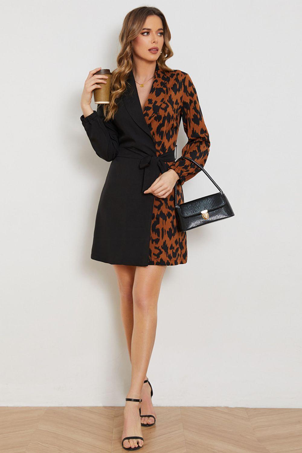 Leopard Color Block Belted Shawl Collar Wrap Dress - Dresses