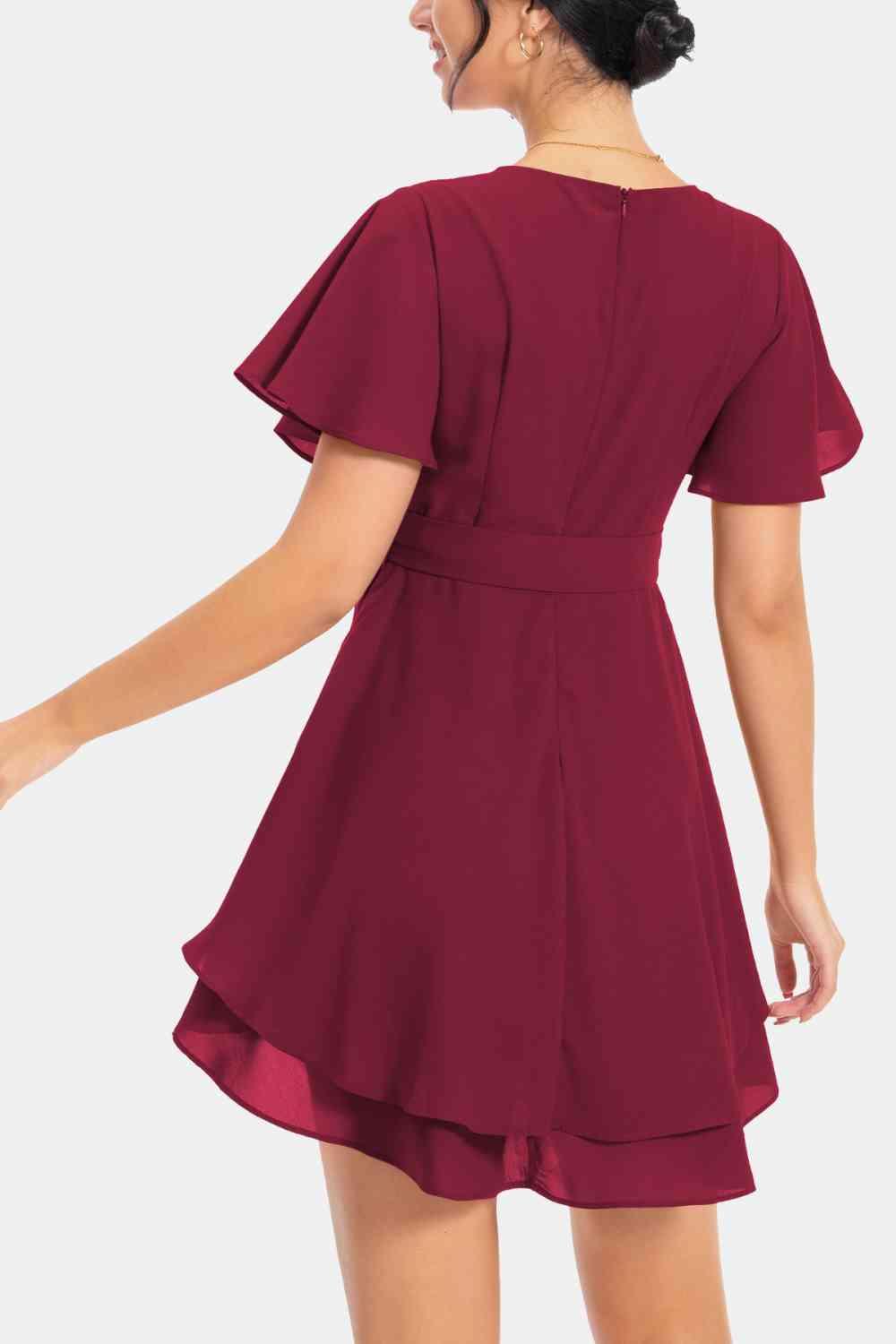 Surplice Neck Flutter Sleeve Mini Dress - Dresses