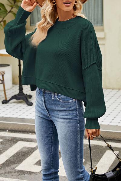 Round Neck Dropped Shoulder Crop Sweater - Sweater