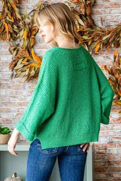 Veveret Notched Long Sleeve Sweater - Sweater