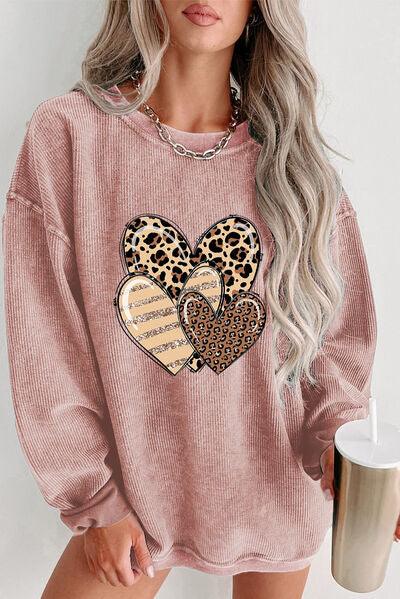 Heart Ribbed Round Neck Sweatshirt - Sweatshirt