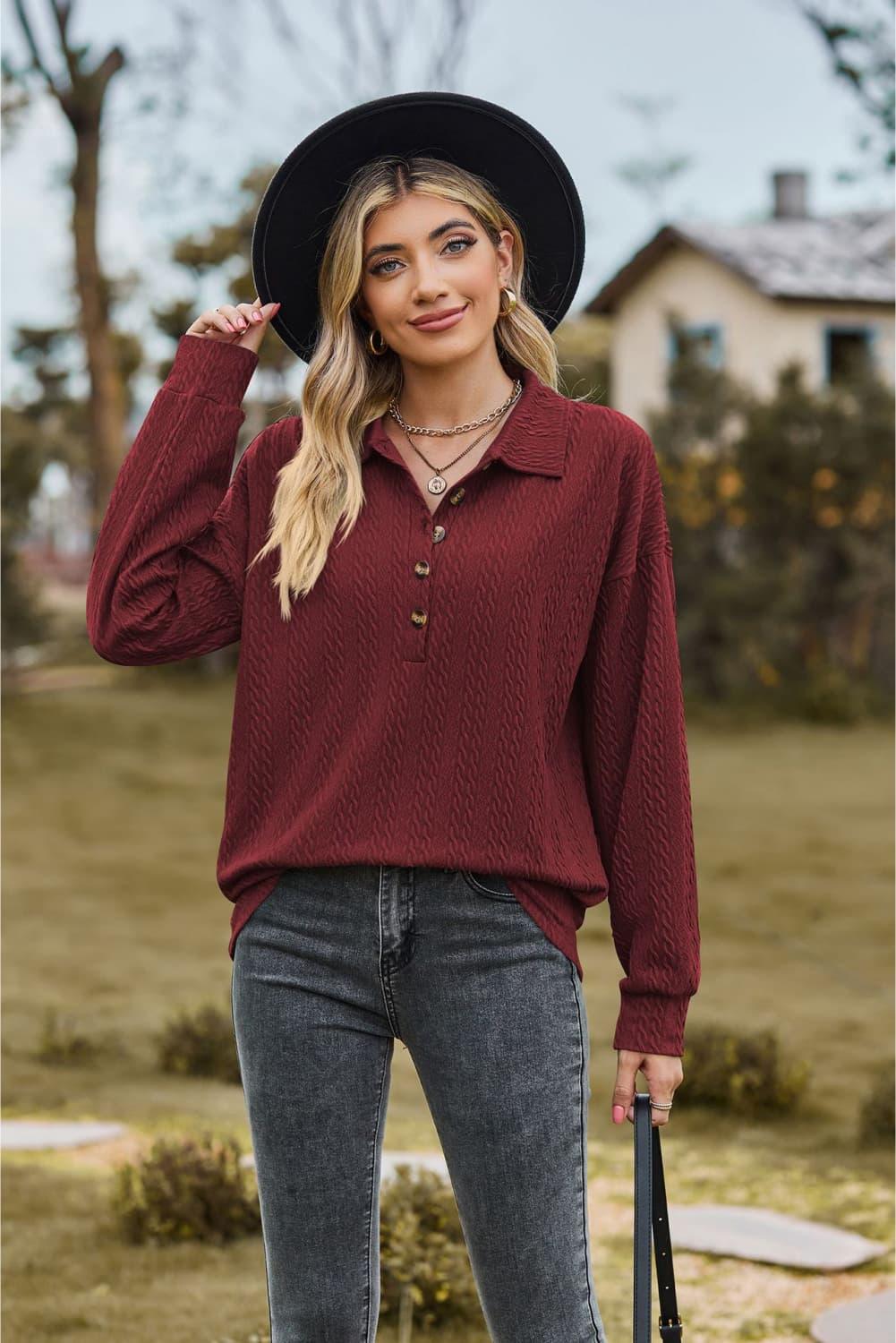 Collared Neck Long Sleeve Buttoned Top - Top