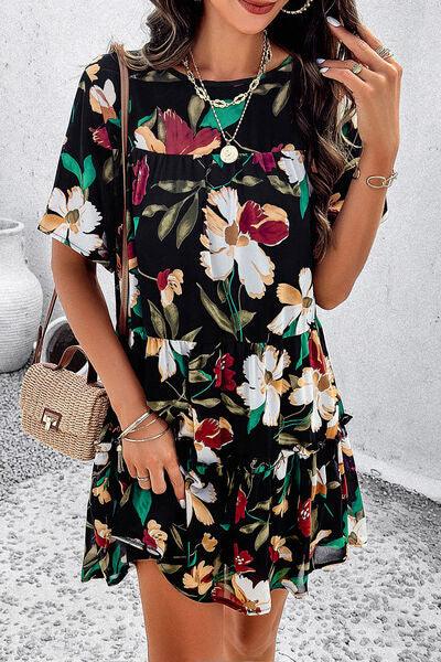 Floral Tiered Round Neck Mini Dress - Dresses