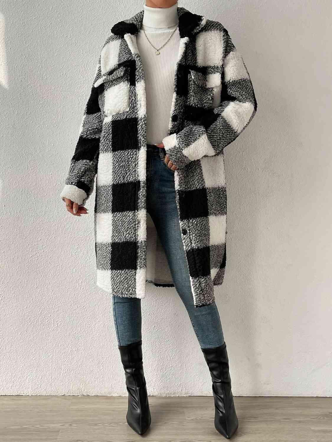 Plaid Button Down Fleece Coat - Coat