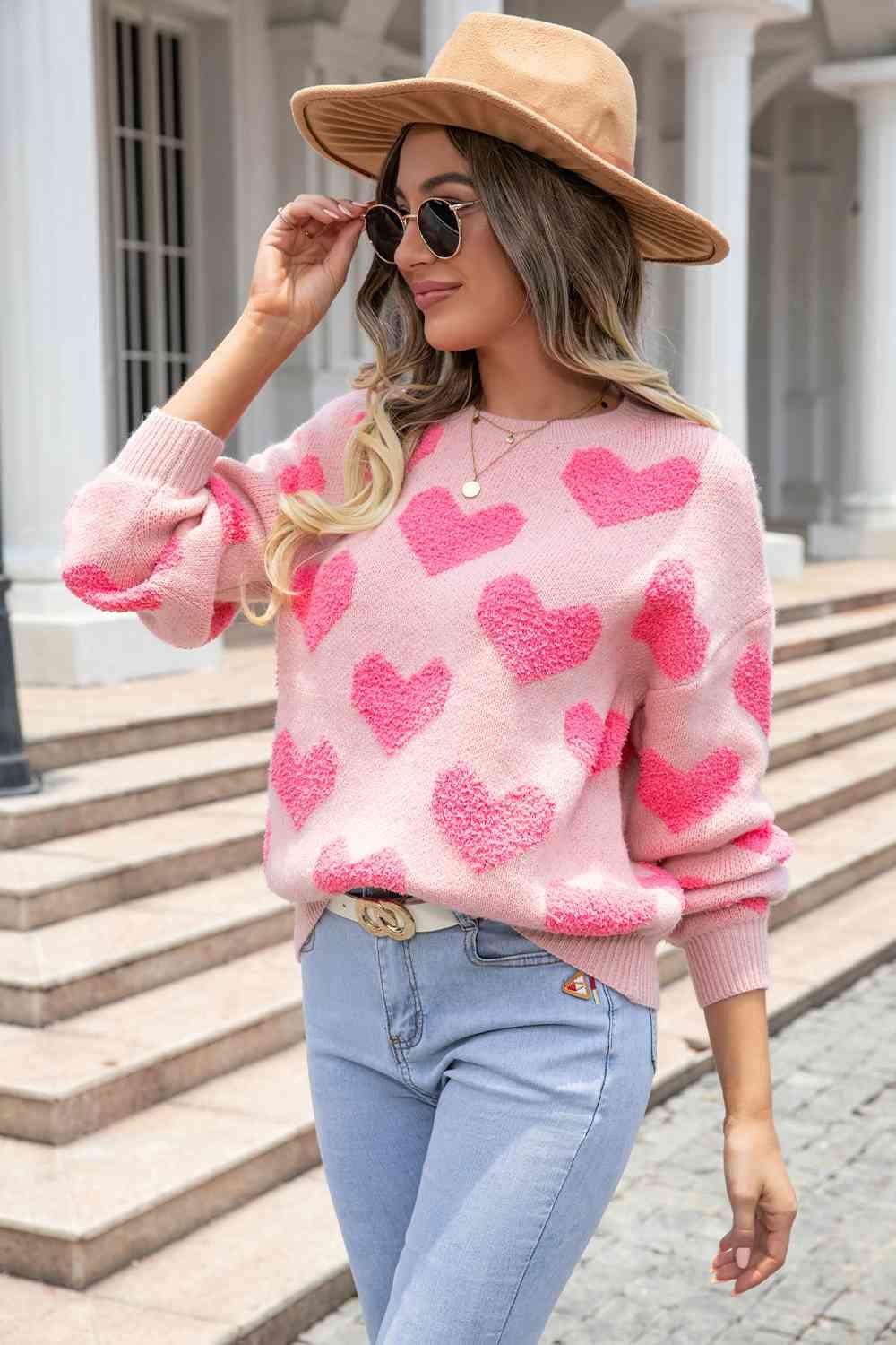 Heart Pattern Dropped Shoulder Sweater - Sweater