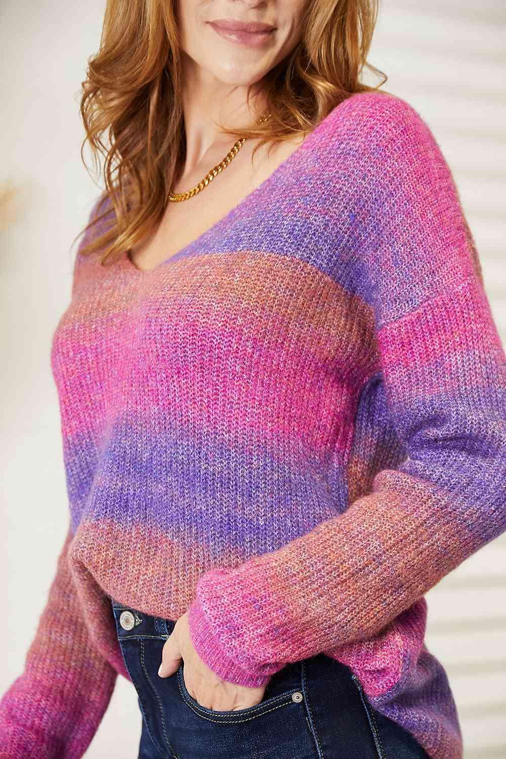 Multicolored Rib-Knit V-Neck Knit Top - Top