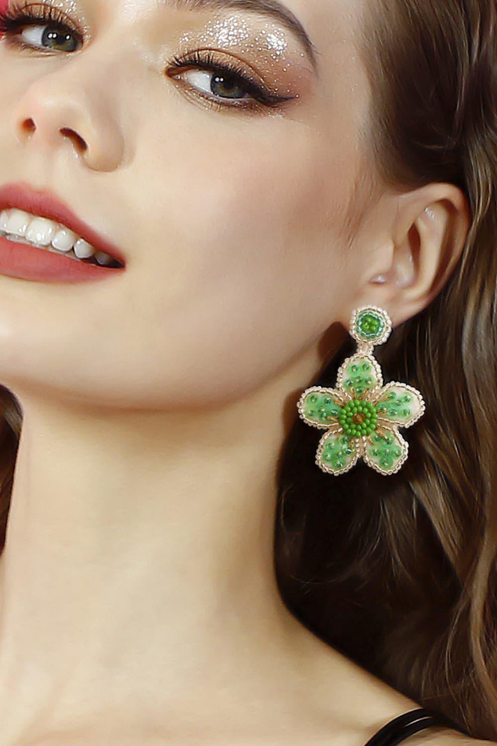 Flower Shape Beaded Dangle Earrings - Earring