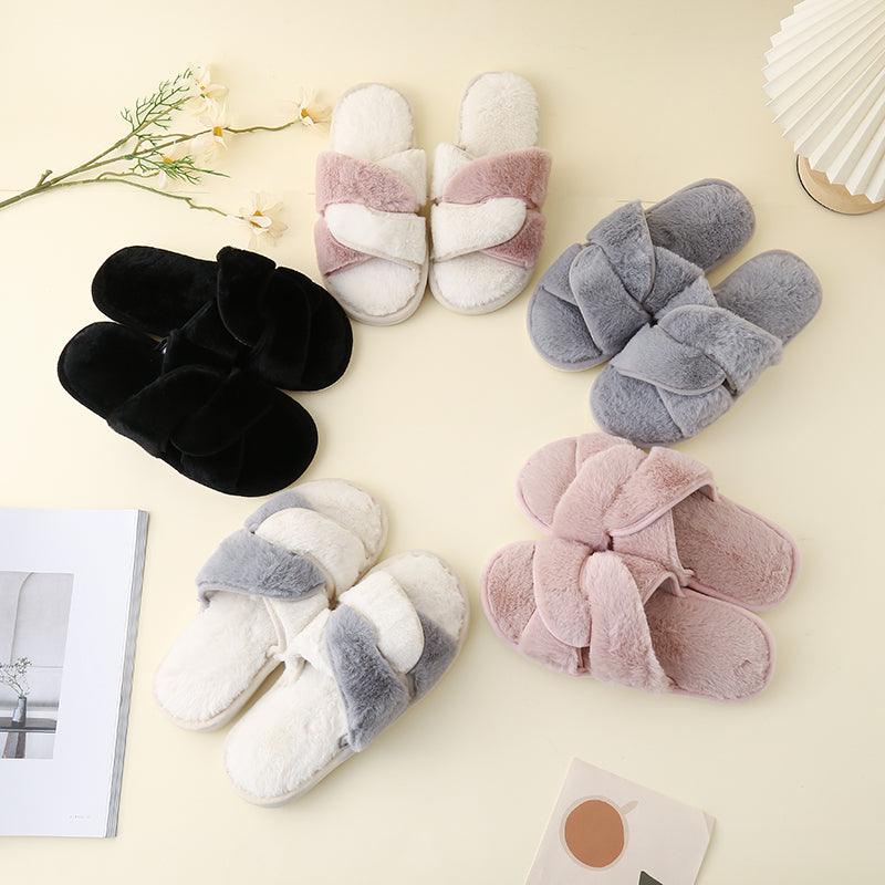 Faux Fur Twisted Strap Slippers - Slippers