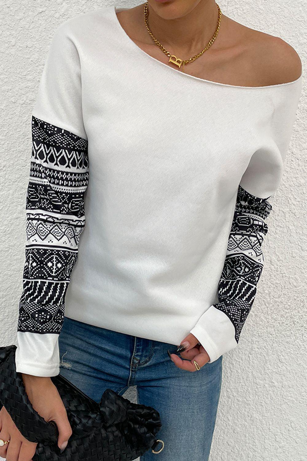 Boat Neck Long Printed Sleeve Top - Top