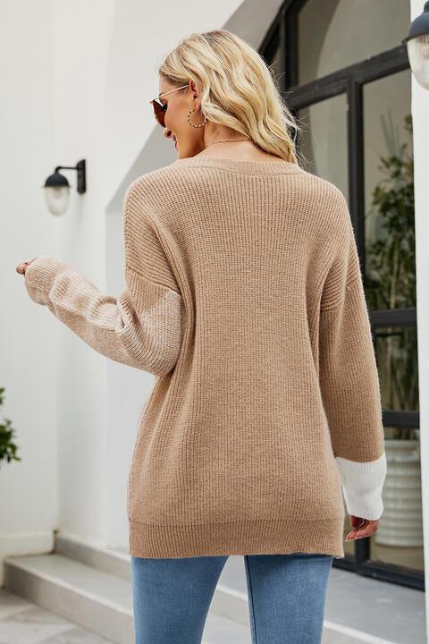 Color Block Round Neck Sweater - Sweater