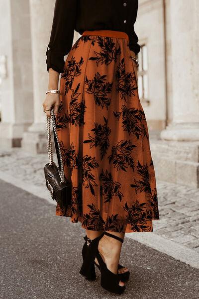 Floral Embroidered High Waist Chiffon Midi Skirt - Skirt