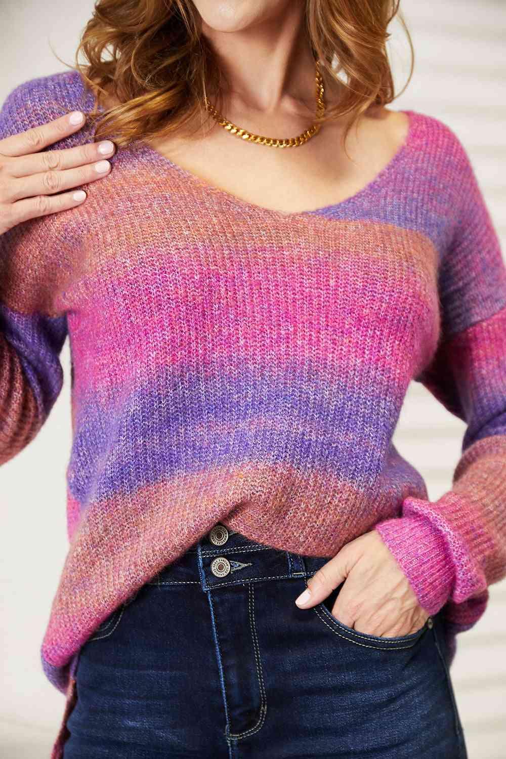 Multicolored Rib-Knit V-Neck Knit Top - Top