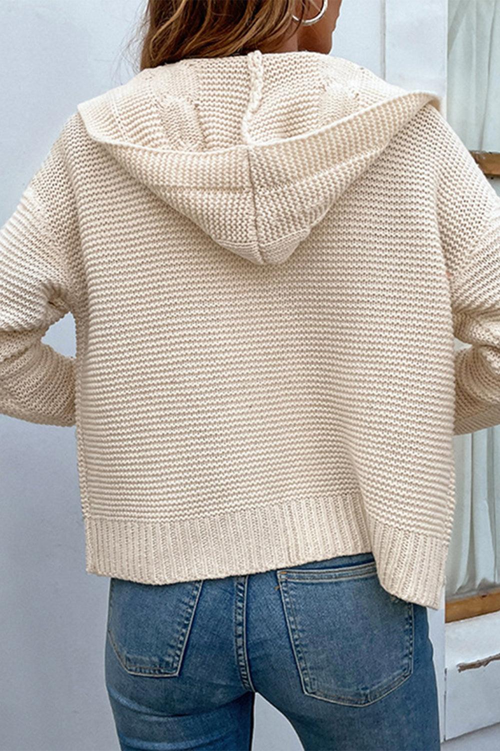 Cable-Knit Dropped Shoulder Hooded Cardigan - Cardigan